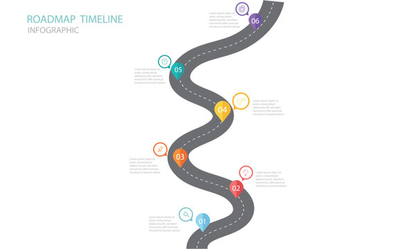 Vertical roadmap timeline infographic design template with 6 sequential steps for business growth