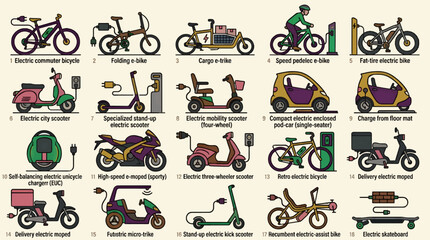 Set of 18 Flat Vector Icons Depicting Various Electric Vehicles and Personal Transports, Including E-bikes, Scooters, E-trikes, and Electric Cars, Illustrated in a Clean Graphic Style with a Light © Leandri