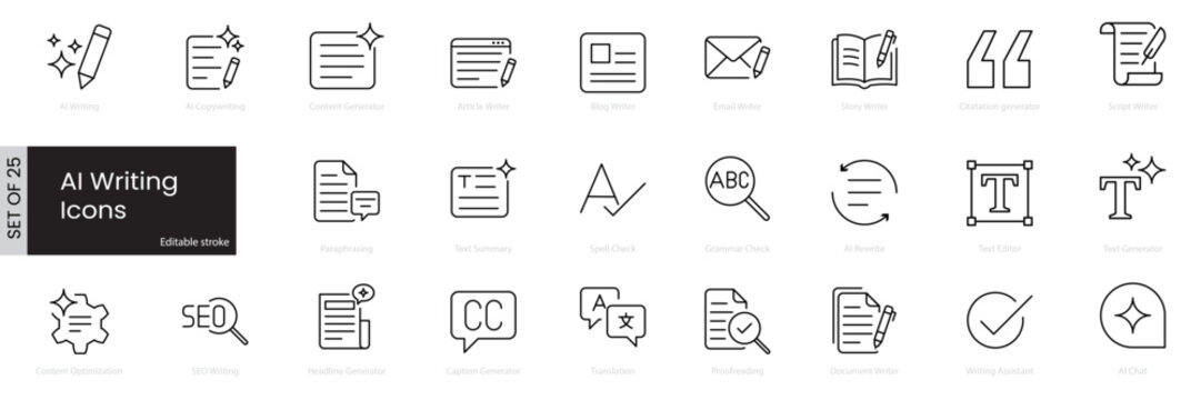 AI Writing Line Icons Set. Artificial Intelligence Copywriting, Content Generator, Text Editor and Productivity Outline Vector Collection