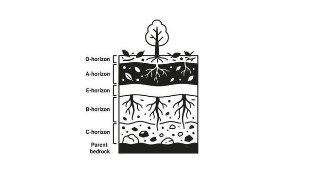 A detailed cross section diagram illustrating the various layers of soil horizons.