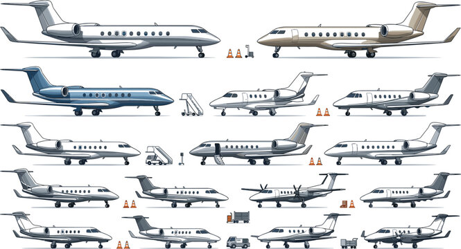Private jet and business airplane vector illustration collection isolated on white background for luxury aviation marketing, charter service banners, and travel graphics