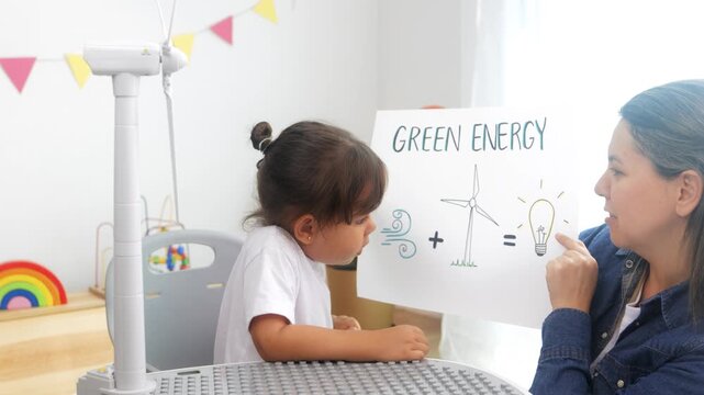 Latin kid learning about alternative renewable energy at kindergarten school class
