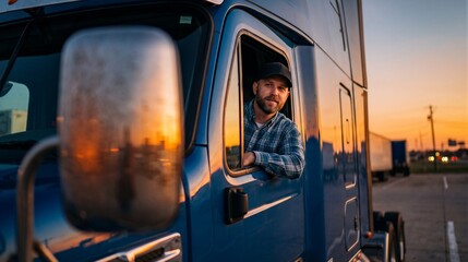 Naklejka premium Portrait of a professional truck driver sitting in the cab of his blue semitruck during a beautiful sunset at a rest stop