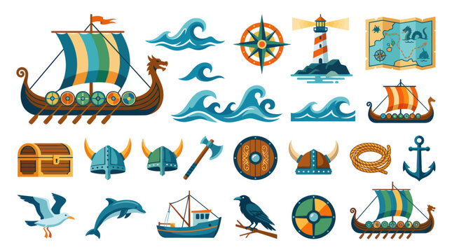 Viking Ship, Viking Helmets, Waves, Lighthouse, Anchor, Map, Treasure Chest Icons