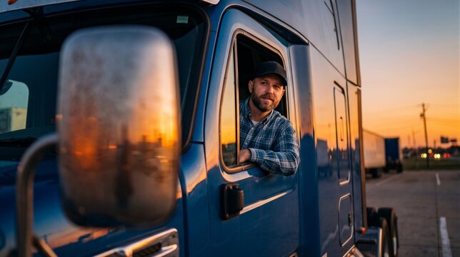 Portrait of a professional truck driver sitting in the cab of his blue semitruck during a beautiful sunset at a rest stop