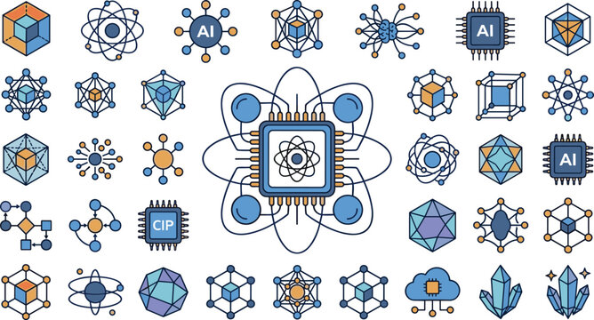 Quantum computing technology and artificial intelligence vector icons set featuring microprocessor core with atom structure and geometric data nodes for cryptography software presentation design