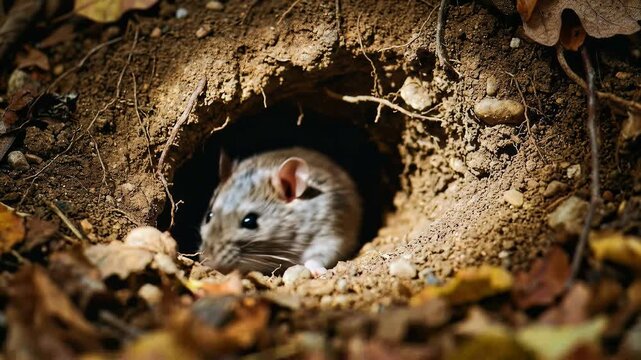 Hantavirus Wild brown rat peeking out from an earthy burrow entrance in the forest ground