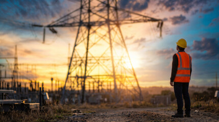 Fototapeta premium Electrical engineer standing in front of a highvoltage power transmission tower at sunset