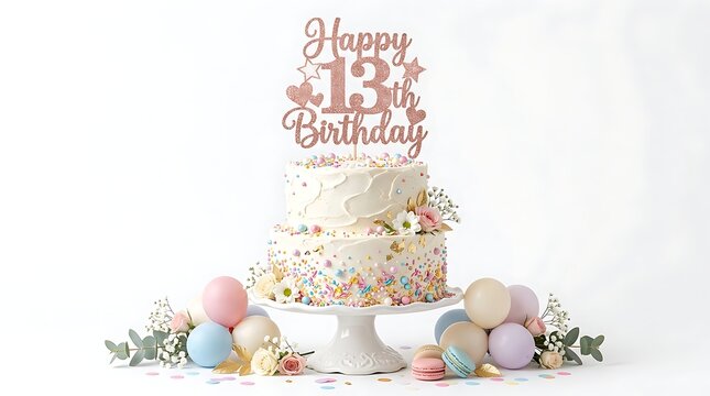 Elegant two tier 13th birthday cake with pastel balloons and decorations