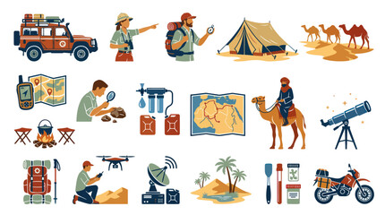 Fototapeta premium Flat Design Vector Elements for Desert Travel, Adventure, Expedition and Exploration