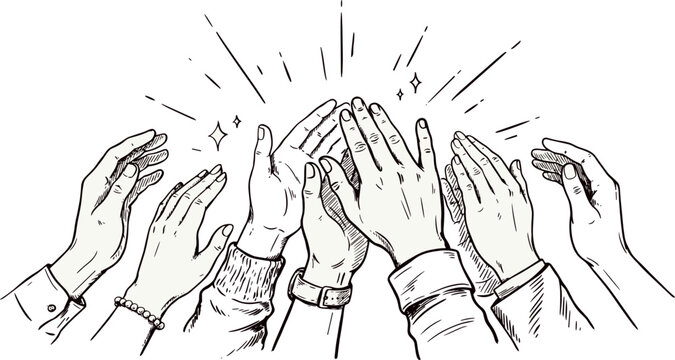 Clapping Hands Applauding Vector Illustration with Sketch Style Crowd Clapping, Celebration Sparkles, and Group Success Symbols for Business Concert and Event Designs