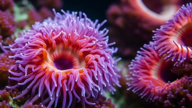 Anemone in the sea in neon light. Anemone actinia texture underwater reef sea coral