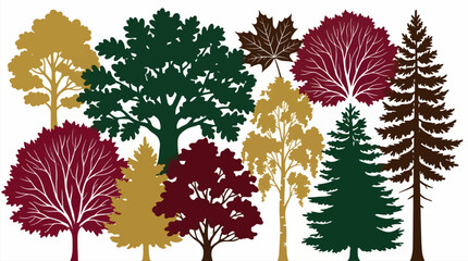 Diverse Tree Silhouettes Collection in Autumn Colors, Flat Graphic Design with Deciduous and Coniferous Species, Isolated on White Background © lia