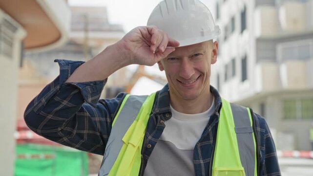 Man builder tipping hardhat with hand, high visibility vest and plaid shirt in front of building; pride duty.