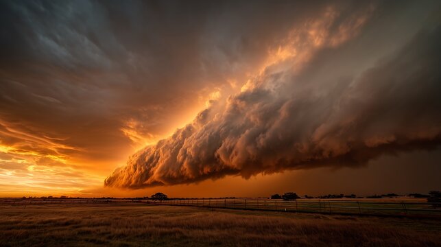 Dramatic shelf cloud at sunset with natural warm glow