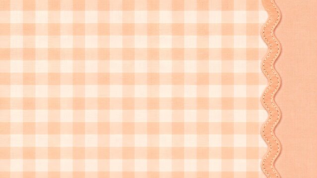 Peach gingham pattern background with a wavy fabric border, soft pastel checkered textile texture with a decorative scalloped edge for scrapbooking or design