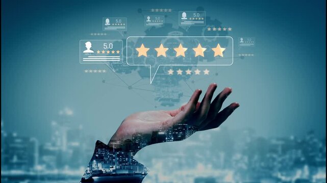 Customer centric review and rating system support product review, digital rating concept, and customer give good trust by visualizing people choice through stars and feedback content technology Marrow