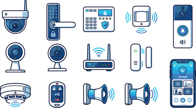 Smart home security system icons set with cctv camera electronic door lock alarm and smartphone control app isolated on white background for technology marketing
