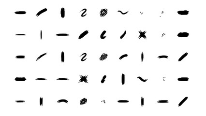Fototapeta premium Collection of 48 Black Hand-Drawn Brush Stroke Elements and Symbols on White Background Featuring Ink, Design, Element