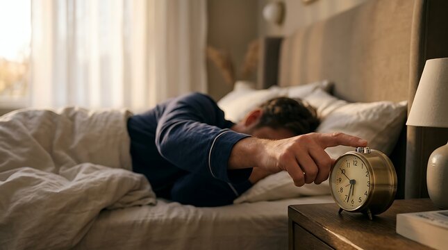 A man reaching out to turn off his alarm clock while waking up in a cozy bed during the early morning sunlight in a modern bedroom