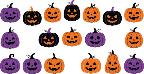 Naklejka premium Halloween Pumpkins Assortment: A playful collection of carved and decorated pumpkins, featuring various spooky and happy faces, in traditional orange and festive purple hues.