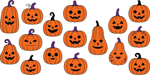 Obraz premium Halloween Pumpkin Collection: A vibrant assortment of carved pumpkins, each with a unique, expressive face, arranged together to celebrate the spirit of Halloween and autumn festivities.