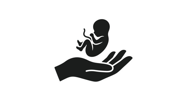Minimalist black silhouette icon featuring a small human fetus floating gently above an open cupped hand design isolated on a clean and simple white background