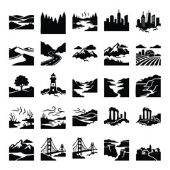 Obraz premium Landscapes and scenic environment icons set with landscape mountain landmark environment adventure architectural buildings wilderness destination silhouette isolated illustration