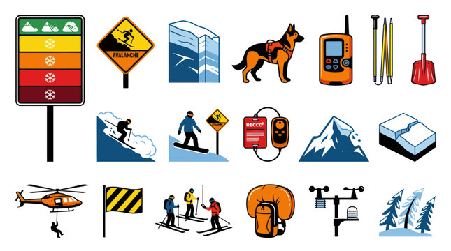Winter Avalanche Safety  Mountain Rescue Flat Vector Icon Set: Ski Gear, Warning Signs, Emergency Elements