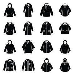 Various raincoat and hooded jacket silhouette icons with coat rack raincoat outerwear clothing silhouette collection protective shopping wardrobe windbreaker protection fashionable © Suriya