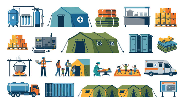 Flat Vector Humanitarian Aid, Disaster Relief Emergency Icons Set for Refugee Camps