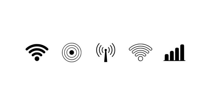 Collection of Five Black and White Icons Representing Wireless Signal Strength and Connectivity Concepts
