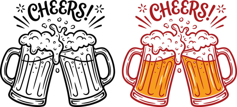 Drawn illustration of two beer mugs clinking with cheers text and frothy foam illustration celebration refreshment beerglass drinking festival friendship