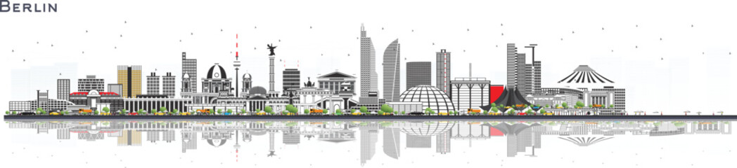 Detailed of berlin cityscape with brandenburg gate, red double-decker bus, and modern skyscrapers city buildings © BrightLayer