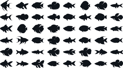 Fototapeta premium Fish silhouette icon collection set of various aquarium and marine species isolated on white background