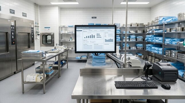 Hospital Central Sterile Processing Monitor with Instrument Tracking - Healthcare Operations Stock Photo