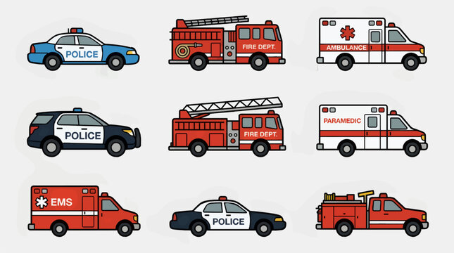 Flat Vector Icons of Emergency Vehicles: Police Car, Fire Truck, Ambulance, EMS, and Paramedic Van in a Grid Layout, Clean Graphic Design Elements on White Background