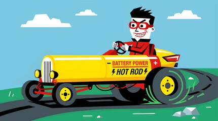 Naklejka premium Flat Vector Illustration of a Man Driving a Yellow Hot Rod Car Shaped Like a Battery, with 