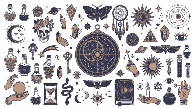 Zestaw ezoterycznych ikon w stylu line art przedstawiający symbole okultystyczne, magiczne eliksiry, kryształy, czaszkę, fazy księżyca oraz mistyczne elementy astrologiczne na białym tle.