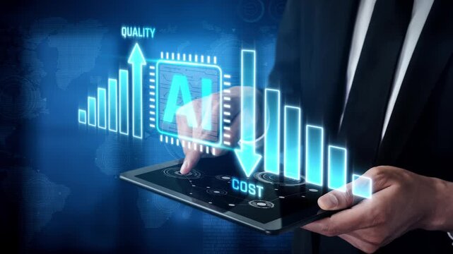 Businessman Using Tablet to Analyze AI Data with Quality Improvement and Cost Reduction Graphs in a Digital Environment Sigmoid
