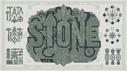 Artystyczna typografia z napisem STONE ozdobiona geometrycznymi wzorami, kryształami, kołami zębatymi i ezoterycznymi symbolami w stylu vintage na jasnym tle. © Bella