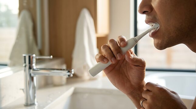 Young man brushing his teeth with an electric toothbrush in a modern bathroom during his morning oral hygiene routine