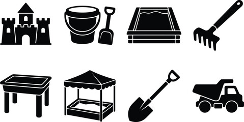 Sand Play Icons Set with Sandcastle, Bucket Shovel, Sandbox, Rake, Dump Truck and Canopy © Rahena ARAFAT