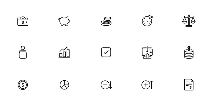 Collection of 16 Black and White Vector Icons Representing Finance, Business, and Data Management Concepts.