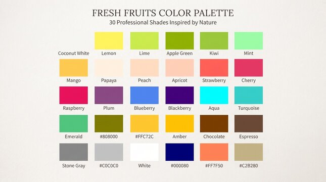 Fresh fruits color palette guide featuring summer harvest shades, swatches