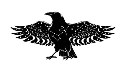 Fototapeta premium Mystical Raven Silhouette Adorned with Celestial Constellations and Starry Wings, a Symbol of Wisdom and Night Sky Enchantment in a Stylized Monochrome Illustration