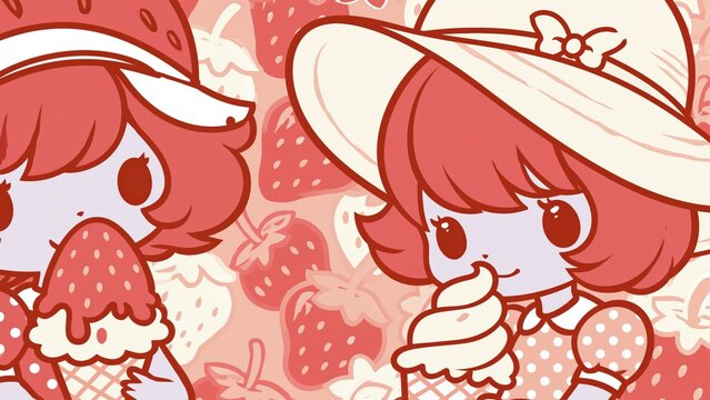 Red monochrome pattern of cute girl eating ice cream.