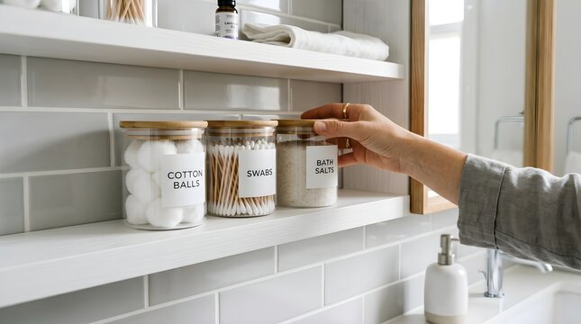A hand reaching for neatly labeled bathroom storage jars containing cotton buds, cotton balls, and bath essentials, showcasing organization, hygiene, self-care, and modern bathroom storage.
