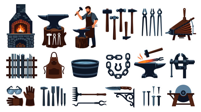 Blacksmithing Tools and Equipment Flat Vector Illustration Set for Traditional Metalworking Workshop