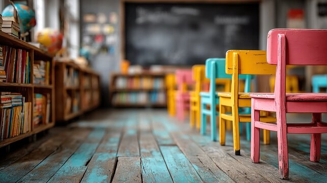 Bright classroom interior background with rows of desks, colorful books, and chalkboard, highlighting creative learning environment, back to school readiness, and organized academic setup concept.